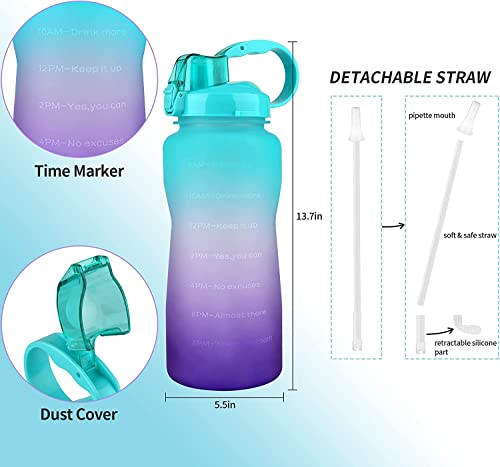 MahMir Large 2 Liters 64Oz BPA Free Multicolor Water Bottle - Leak Proof With Straw, Motivational Quote And Time Marker, Anti Slip For Sports,Fitness, Gym,Outdoor, Picnic, Office (Blue)