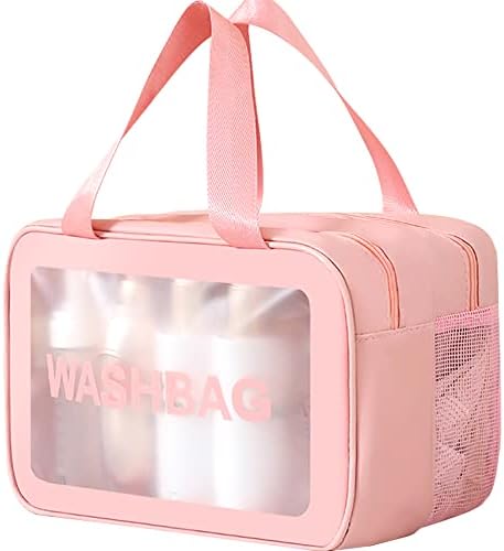 YIMIKE Travel Toiletry Bag,Large Clear Makeup Bags, 2 in 1 Cosmetics Bag,Transparent Skin Care Bag for Toiletries,Waterproof & Draining Make up Bags,PVC Thickened Wash Bag for Women Men (Pink)