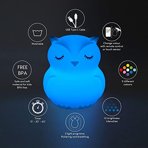 Glinrui Large Owl Night Lights for Kids LED Nursery Lamp Children's Room Moon Bedside Lamp, Changeable Brightness & Color Child Table Night-Light, Lighting for Travel and Camping Child Gift - Large