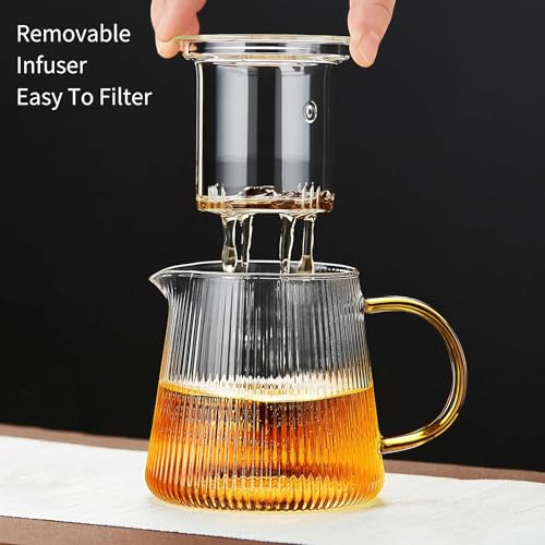 Glass Teapot Stovetop 800ML with Vertical Stripes, Borosilicate Clear Tea Kettle with Removable Filter Liner,Blooming and Loose Leaf Tea Maker Tea Brewer