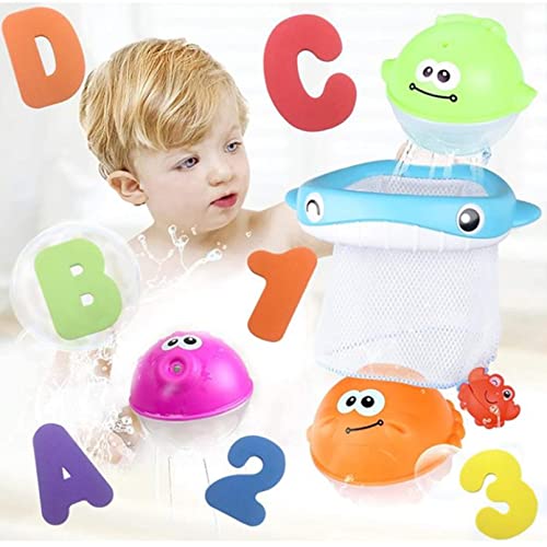 Baby Bath Toy Sets, 36 Foam Bath Letters and Numbers, Floating Squirts Animal Toys Set with Fishing Net and Organizer Bag, Fish Catching and Pitching Game for Babies Infants Toddlers Bathtub Time