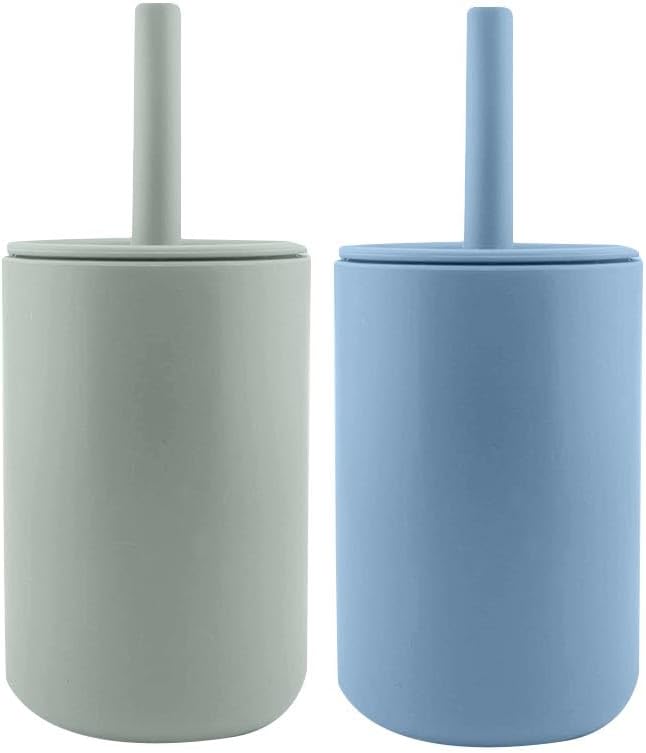 Silicone Baby Training Cup, Shatterproof Toddler Sippy Cups with Straw, Silicone Straw Cup for Baby, BPA Free Recycled Milk Jugs, Open Cup for Baby, 6+ Months, 8 Oz (2 Pcs, Sky Blue, Army Green)