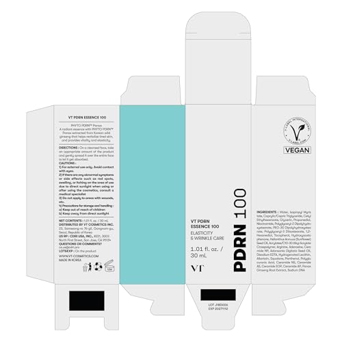 VT COSMETICS PDRN 100 Essence, Korean Gingseng Plant-derived PDRN Serum for Natural Glow, Korean skincare 1.01 fl. Oz.