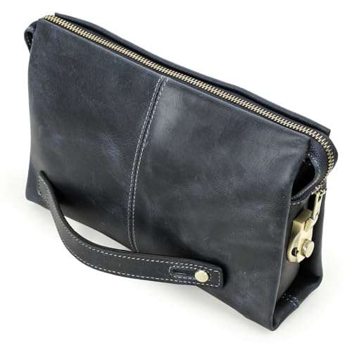 Contacts Mens Genuine Leather ID Card Organizer Clutch for Men, Large Capacity with Anti-Theft Lock Travel Passport Wallet Phone Holder Hand Bag with Wrist Strap