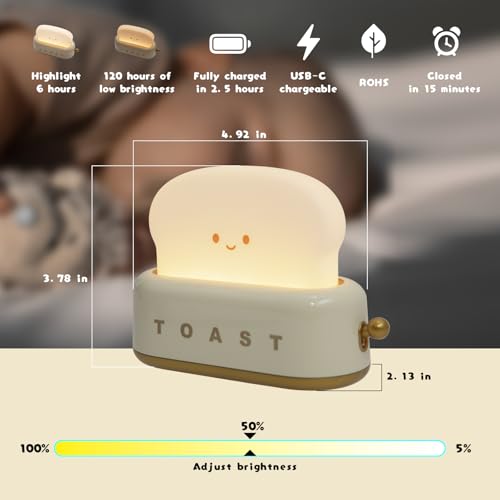 Night Lamp Kids Portable Cute Desk Decor Toaster Lamp, Toast Bread Night Light, Rechargeable, Great Gift Idea for Kids, Girls, Teens, and Teenagers (Paige)