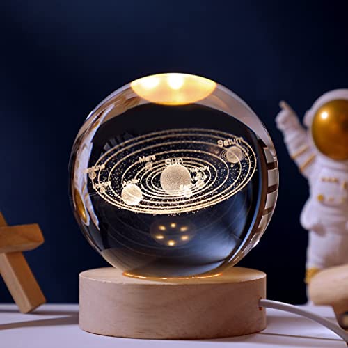 Goodern Night Lights Crystal Glass Ball Light 3D Solar System Nightlight Wooden LED Display Base Stand Home Decor Ornaments Birthday Present Lamp Funny Night Light Warm Light Art Gifts for Kids-A