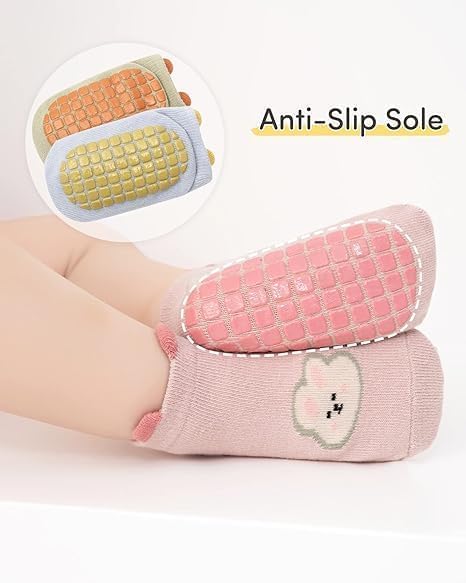 Khazna Baby Non Slip Socks, Toddler Baby Non Slip Socks Infant Newborn Antiskid Socks with Grips Anti-Slip Unisex Ankle Socks for Infant, Baby and Toddler Socks(5 Pairs)