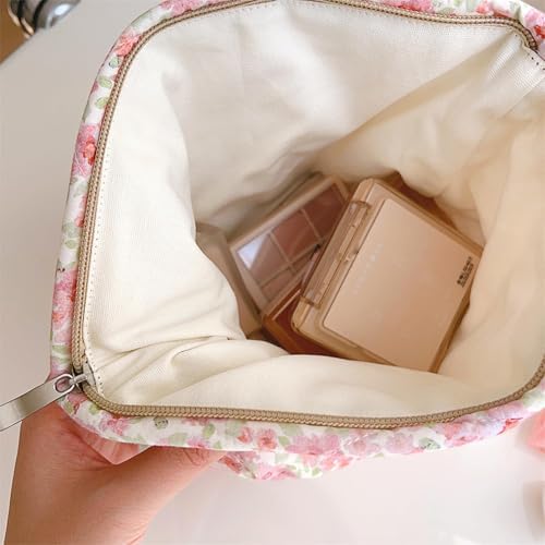 Azonee 2 Pcs Floral Makeup Bag Large Travel, Cotton Quilted Cosmetic Makeup Bag Organizer, Cute Coquette Aesthetic Zipper Portable Pouch Purse Toiletry Bag for Skincare Cosmetics (Pink Floral flowers)