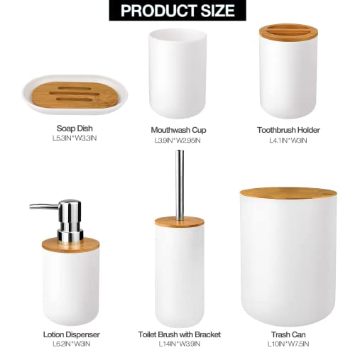 Mimelon® 6-pcs Bathroom Accessory Set, | Bamboo Black Bathroom Set Includes Toothbrush Cup & Holder, Soap Dispenser, Soap Dish, Durable Toilet Brush with Holder - Modern Trash Can (WHITE)