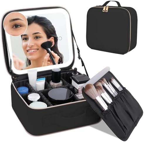 MOMENT Makeup bag with LED mirror, Travel Makeup Bag 3 Adjustable Brightness LED makeup bag with mirror and Dividers suitable for your Jewelry, Essential oil,Toiletries storage and makeup daily Pink
