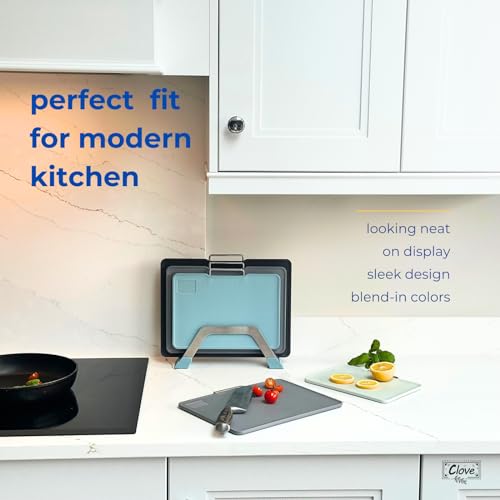 CLOVE Plastic Chopping Boards with Stand BPA-Free Grey Chopping Boards Dishwasher Safe 32 x 24, 30 x 20, 26 x 19 cm Large for Meat Kitchen Chopping Boards Non-Slip Juice Groove Black