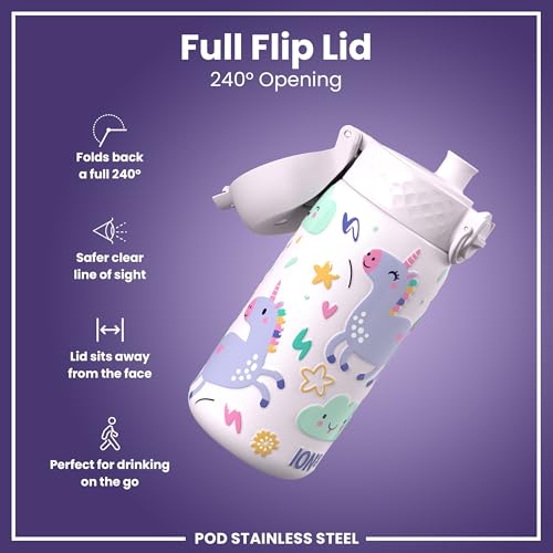 Ion8 Lightweight Steel Kids Water Bottle, 400ml/13oz, Non-Insulated, Leak Proof, Easy to Open, Secure Lock, Dishwasher Safe, Fits Cup Holders, Carry Handle, Metal Water Bottle, Pink, Unicorns