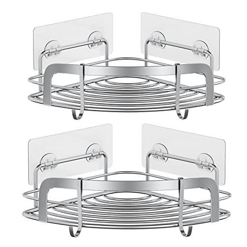 STEUGO Shower Caddy Corner, Bathroom Corner Shower Shelfs, Adhesive Wall Mounted Shower Caddy with 4 Movable Hooks, SUS304 Stainless Steel Bath Storage Shower Organizers, 2 Pack