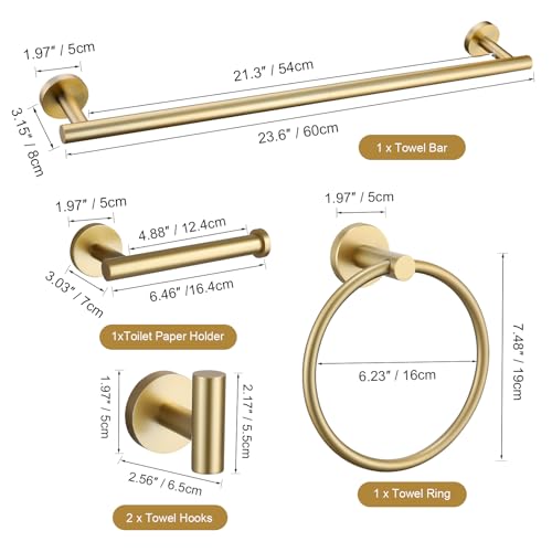 TURS Brushed Gold 5 Piece Bathroom Hardware Set, SUS304 Stainless Steel 24 Inch Bath Towel Bar Set, Round Bathroom Accessories Set Wall Mounted