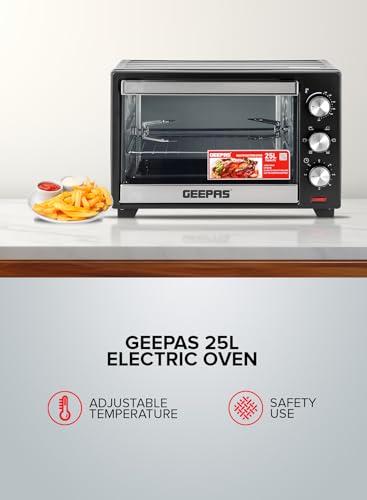 Geepas Electric Oven With Rotisserie 25L,1600W GO34040| Perfect for Baking, Roasting & Grilling - Accessories Included – 2 Years Warranty