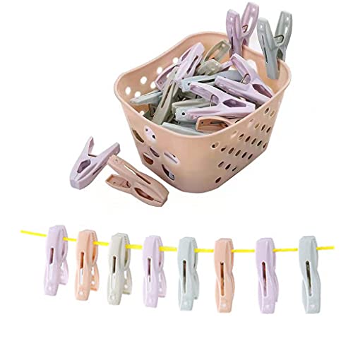 CHAYA 30Pcs Clothes Pegs with Plastic Basket, Multi-Purpose Resistant Laundry Clothes Pin Clips with Sturdy Springs for Outdoor Clothesline Food Bag(Random Color)