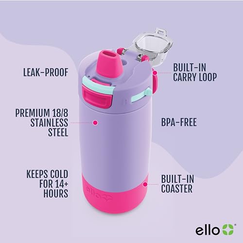 Ello Kids Colby 12oz Stainless Steel Insulated Water Bottle with Straw and Built-In Silicone Coaster Carrying Handle and Leak-Proof Locking Lid for School Backpack, Lunchbox, and Outdoor Sports, Lilac
