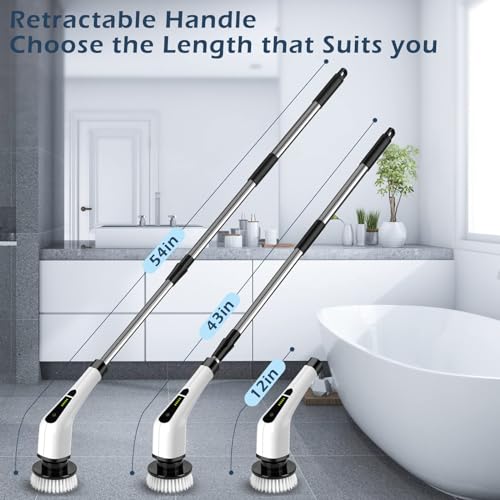 Bomves Cordless Electric Spin Scrubber, Electric Cleaning Brush with 8 Replacement Brush Heads, 90Mins Working Time, 3 Adjustable Handle, 2 Adjustable Speeds for Bathroom Kitchen Bathtub Glass Car