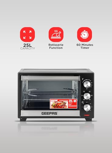 Geepas Electric Oven With Rotisserie 25L,1600W GO34040| Perfect for Baking, Roasting & Grilling - Accessories Included – 2 Years Warranty