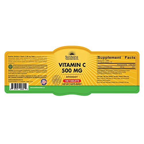 Sunshine Nutrition Vitamin C 500Mg, 100 Tablets | Antioxidant | Gluten Free | Dietary Supplement