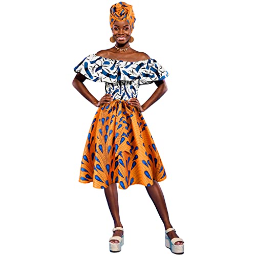 3Pcs Women African Dashiki Skirt Traditional Costume African Bohemian Head Wrap Scarf Drop Dangle Earring