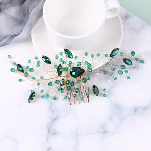 Ling & Bai Wedding Hair Comb, Bridal Emerald Green Crystal Side Headpieces Gold Rhinestone Hair Accessories for Women Bridesmaid Girls (Green)