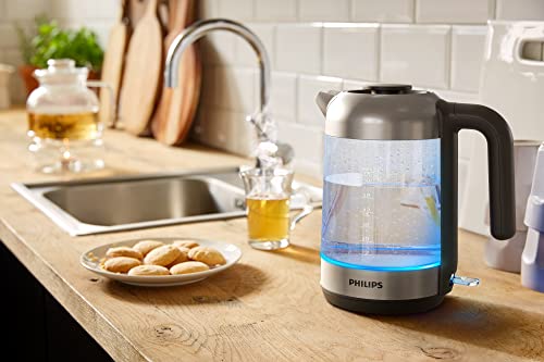 Philips Glass Kettle Series 5000-2200W, 1.7L, Blue Light Indicator, Removable lid, Metal/Transparent - HD9339/81