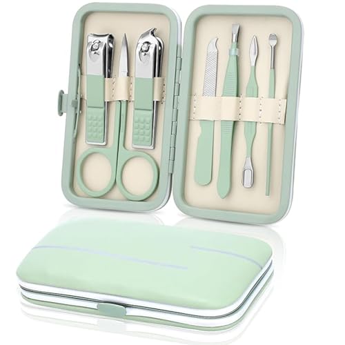 Manicure Set 7 Pieces Stainless Steel Nail Care Set Nail Clippers Pedicure Kit Toenail Clipper Grooming Tool-Pedicure Kit & Toe Nail Cutter-Thick Nail Scissors Toiletries with Cuticle Trimmer (Green)
