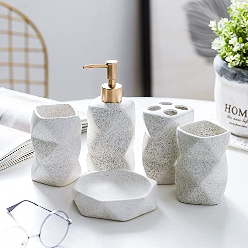 4 Pieces Bathroom Accessories Set Matte Ceramic Diamond Pattern Bath Ensemble Bath Set Collection Soap Dispenser Pump -Toothbrush Holder - Tumbler - Soap Dish (Pink), (Without the Tray)