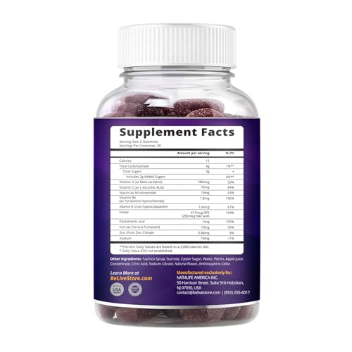 BeLive Iron Gummies Supplement with Vitamin C, A, B Complex, (60 Ct)