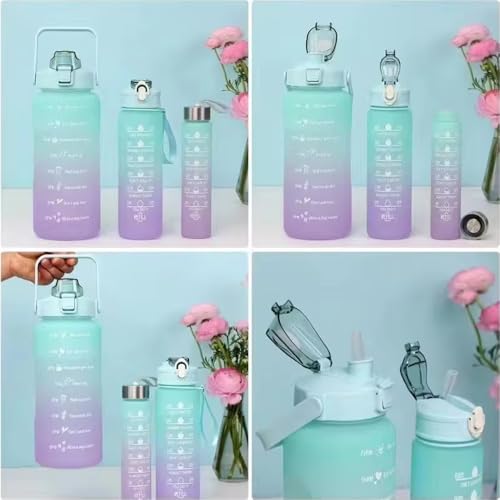 3 Pack Sports Water Bottle With Straw - 2L+900ml+500ml Measured Plastic Drinking BPA Free Non-Toxic Sports Drinks Time Markings Motivational Fitness (Green)