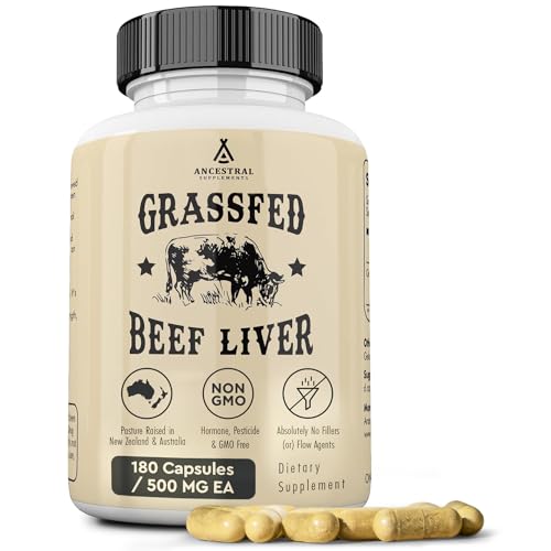 Ancestral Supplements Grass Fed Beef Liver Desiccated Natural Iron, Vitamin A, B12 for Energy (180 Capsules)