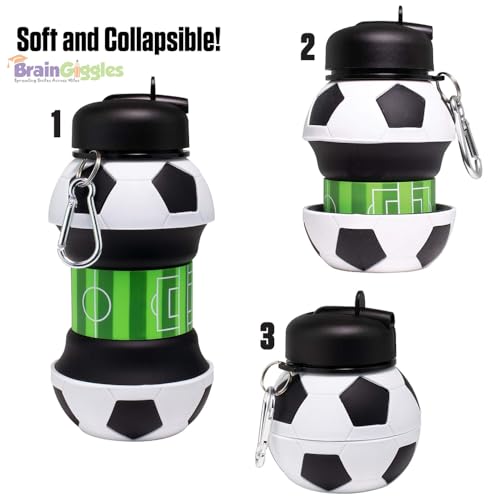 BrainGiggles Collapsible Water Bottle, Soccer Clip-On Silicone Foldable Tumbler for Kids, Portable Flexible Water Cup with Carabiner, BPA Free Leak Proof for Travel Camping Hiking Sport (500ML,White)