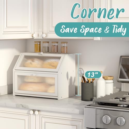 Vriccc White Bread Box for Kitchen Counter, Large Bamboo Wood Double Layer Bread Box, Wooden Bread Storage Capacity
