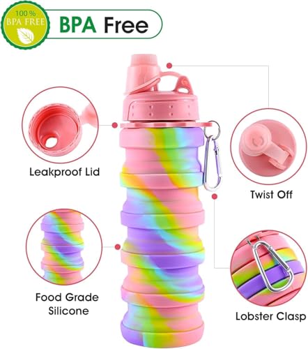 Collapsible Folding Water Bottles for Kids, Students, Adults, Reusable BPA Free Silicone Foldable Sports Water Bottles for Travel Camping Hiking, Pink