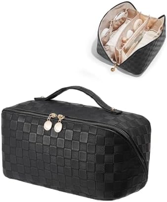 EACHY Travel Makeup Bag,Large Capacity Cosmetic Bags for Women,Waterproof Portable Pouch Open Flat Toiletry Bag Make up Organizer with Divider and Handle