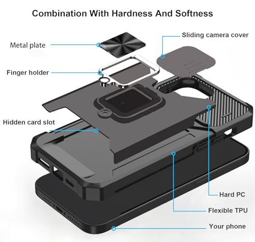 rojarou for iPhone X Case,iPhone Xs case with Card Holder,Slide Camera Cover and 360? Rotate Ring Kickstand Heavy Duty Protective Phone Case for Apple iPhone X Cover/iPhone Xs Cover-Black