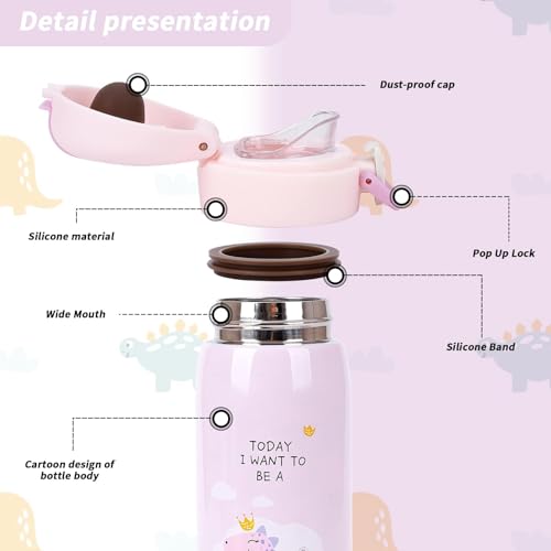 350ml Kids Water Bottles, Kids Stainless Steel Water Bottle BPA-Free, Leak Proof Insulated Water Bottles for Boys and Girls, Reusable Metal Water Bottles-Keep 12 Hours Hot & 24 Hours Cold Pink