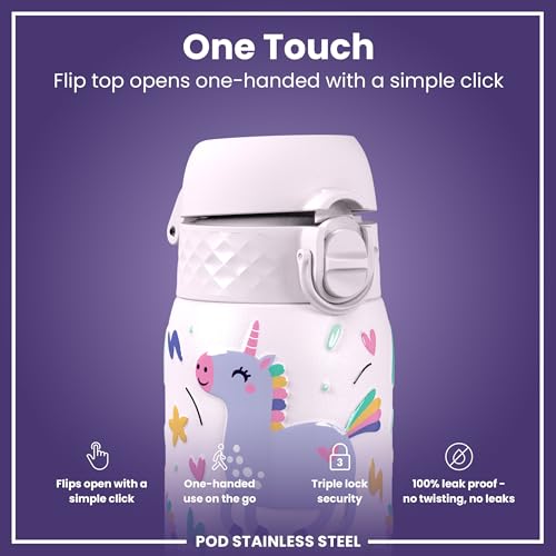 Ion8 Lightweight Steel Kids Water Bottle, 400ml/13oz, Non-Insulated, Leak Proof, Easy to Open, Secure Lock, Dishwasher Safe, Fits Cup Holders, Carry Handle, Metal Water Bottle, Pink, Unicorns
