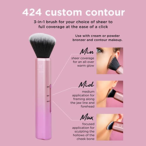 Real Techniques Custom Contour 3-in-1 Brush, Slide For Bronzer and Contour, 3 Settings Sheer, Medium, or Focused Application, Travel Friendly, On-The-Go, 1 Count