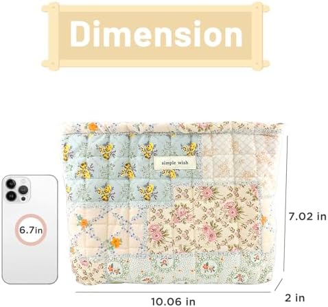 Sminra Floral Makeup Bag Large Cotton Quilted Cosmetic Makeup Bag Organizer, Aesthetic Portable Pouch Purse Toiletry Bag for Women Girls Travel accessories(Blue Floral-L)