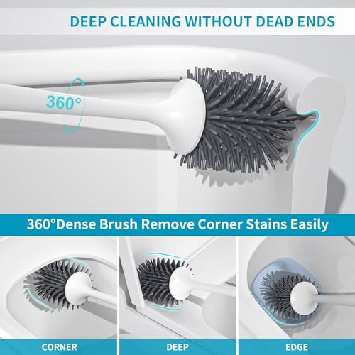 WEKOTEE Toilet Bowl Brush and Holder Set,Silicone Toilet Bowl Brush,Toilet Cleaner Brush for Bathroom,Floor Standing & Wall Mounted Toilet Scrubber Without Drilling, Light Gray (185-01)