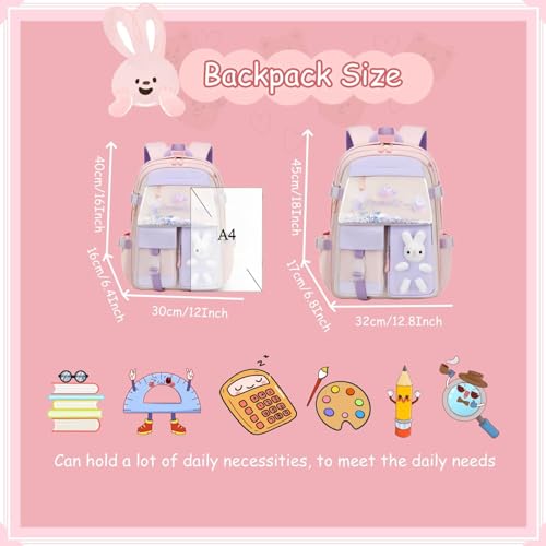 Excefore Bunny Backpack for Girls, Cute Kids Bookbag for Elementary School Teens, Kawaii Preschool Outdoor Daypack, Kids Backpack with Rabbit Dolls, Pink
