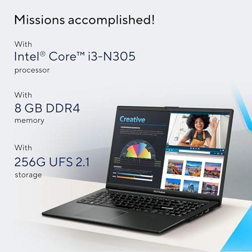 ASUS Vivobook GO 15 E1504GA-NJ084W Cool Silver, Slim Laptop, i3-N305 8GB 256G UFS 2.1 SSD, Intel UMA, WIN11 HOME, 15.6-inch, HD Webcam, Chiclet-Eng-Arb-KB.