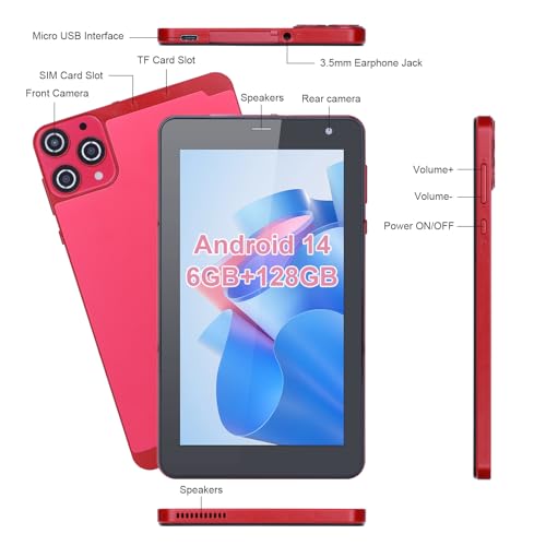 C idea 5G LTE with SIM Card Slot Tablet, 7 Inch Android 12 Tablet, 6GB RAM, 128GB ROM, Expandable to 512GB - 13MP Dual Camera, 6000mAh Battery - Includes Protector Case & Stylus (Red)