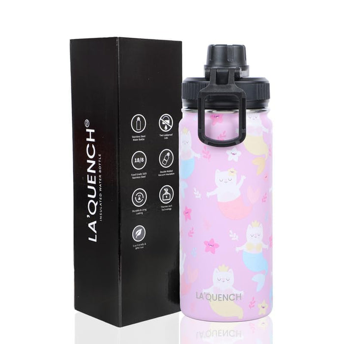 LA'QUENCH™ 18/8 Stainless Steel Water Bottle for Kids 415ml / 14oz Leakproof Double Wall Insulated Thermos Flask (Kitten Mermaid Pink)