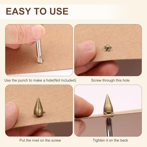 sourcing map 110 Sets Spikes and Studs, 7 x 13mm Cone Spikes Screw Back Studs Rivets, Cone Punk Spikes Rivet for Clothing Belts Bags DIY Leather Crafts, Gold