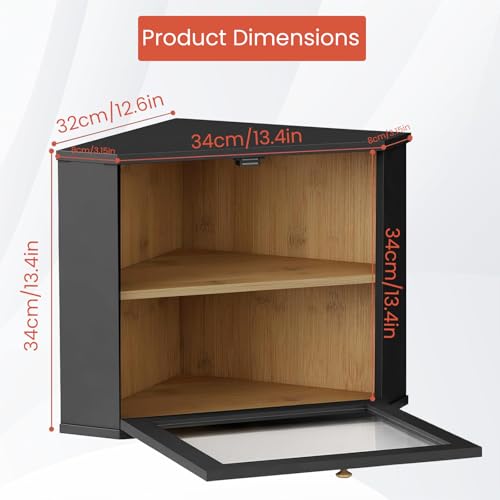 SPNOR Corner Bread Box for Kitchen Countertop, Black Bread Storage Container for Homemade Bread, Two Layer Breadbox under Cabinet Mount, Large Bread Holder for Kitchen Counter, Panry Shelf