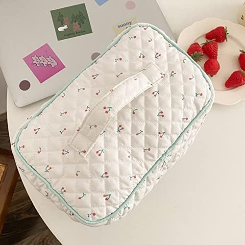 Juoxeepy Cotton Makeup Bag Large Travel Cosmetic Bag Quilted Cosmetic Pouch Coquette Aesthetic Floral Toiletry Bag, A-White, 10x5.9x5.3in