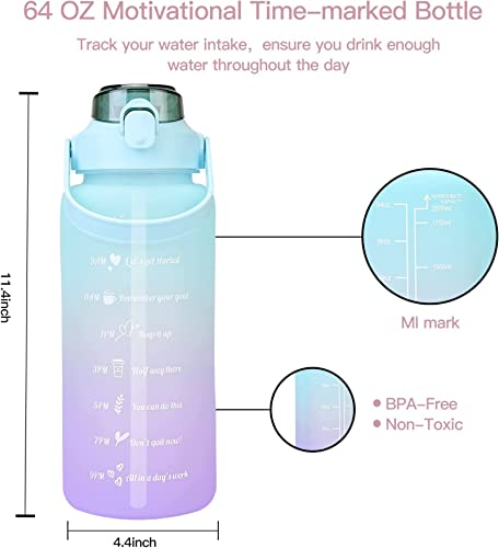 AIMBIGG 2L Water Bottle with Straw 64 Oz Motivational Sports Water Bottle with Time Capacity Marker BPA Free Big Large Gym Cycling Water Bottle Cup Jug for Kids School Outdoor Fitness (Aqua Lilac)